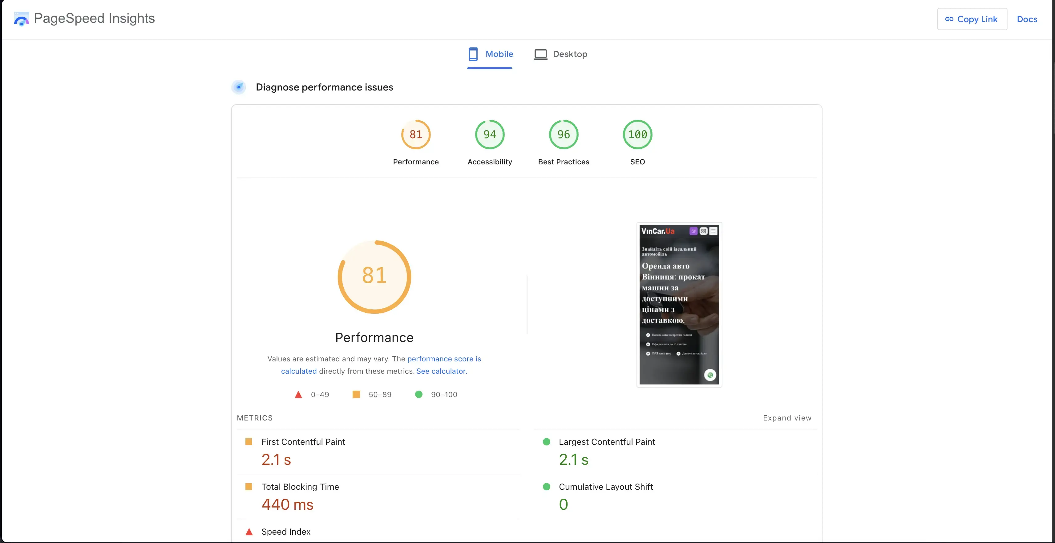 Mobile PageSpeed performance