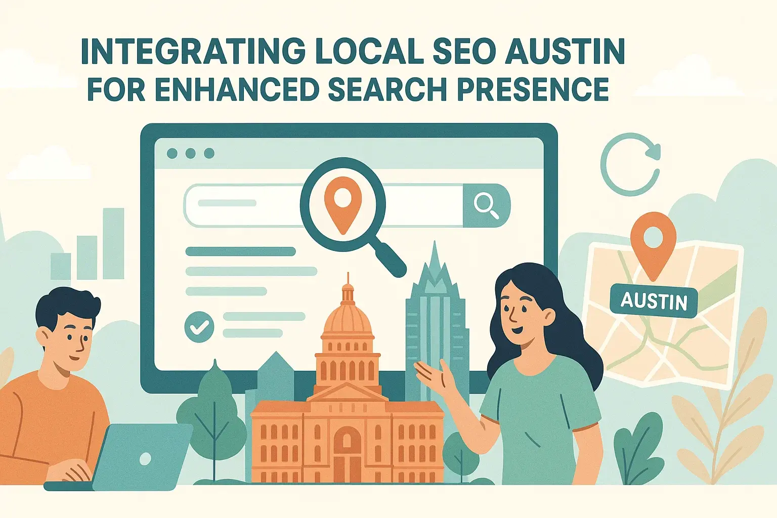 Illustration-showcasing-Austin-website-developers-integrating-local-SEO-with-a-search-bar-city-landmarks-and-map-icon