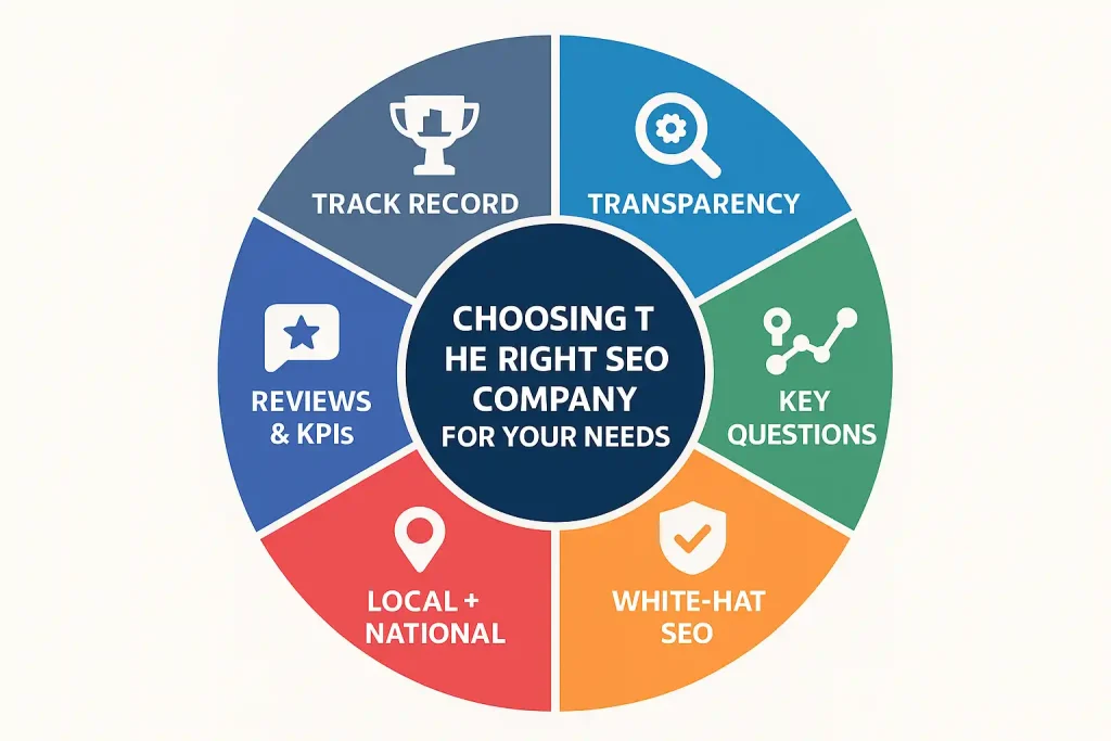 Illustration of circular infographic showing seo lexington ky selection factors.