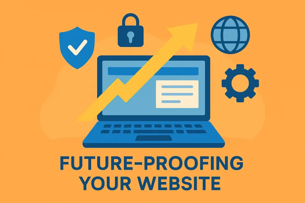 Laptop with arrow and icons showing future-proof website concept.
