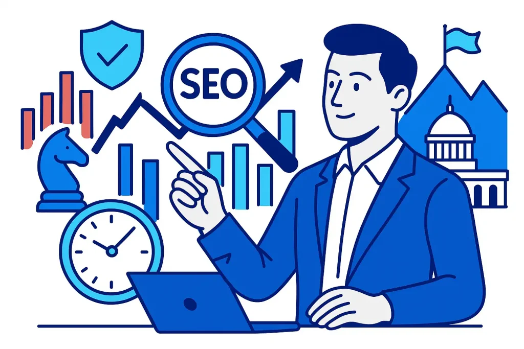 Illustration of a businessman planning SEO strategy with charts, clock, and strategy icons in blue tones